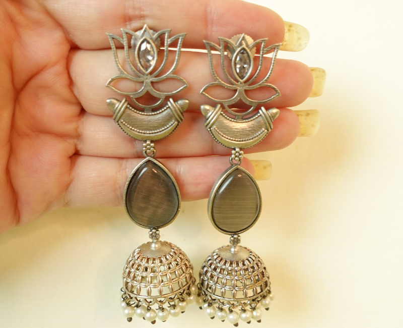 Oxidized Long Lotus Earrings with Green Stone