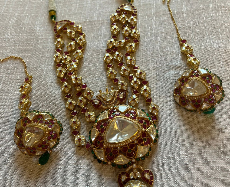 Diamond, Kundan & Ruby Neckpiece with Earrings in a Modern Gold Setting